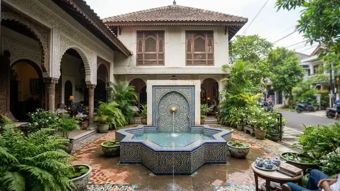 Ide desain rumah bergaya Timur Tengah model dengan air mancur (AI generated)