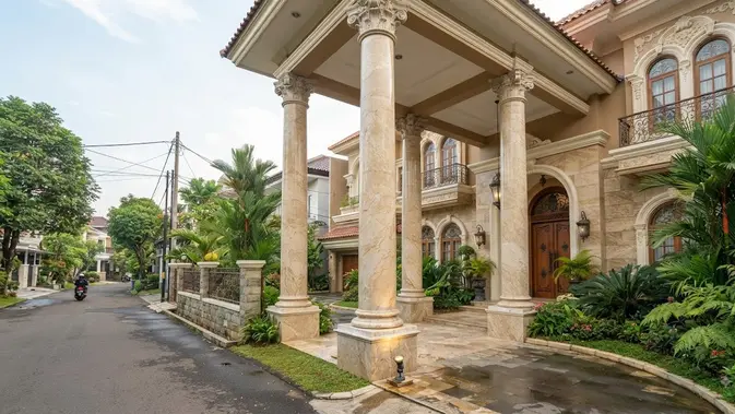 Ide desain rumah bergaya Timur Tengah model penggunaan pilar batu marmer kokoh (AI generated)