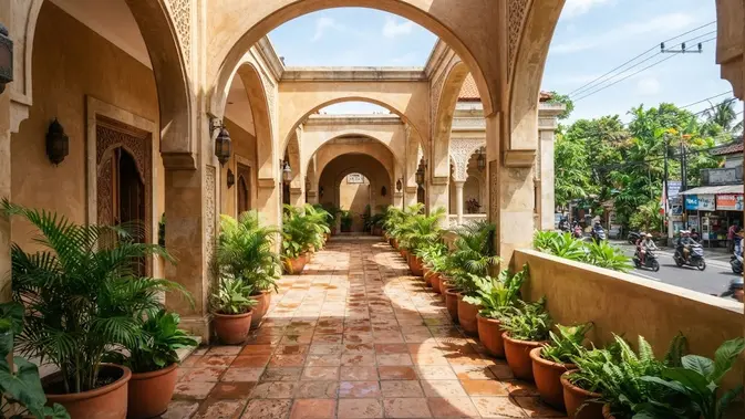 Ide desain rumah bergaya Timur Tengah model penerapan lorong koridor beratap terbuka (AI generated)