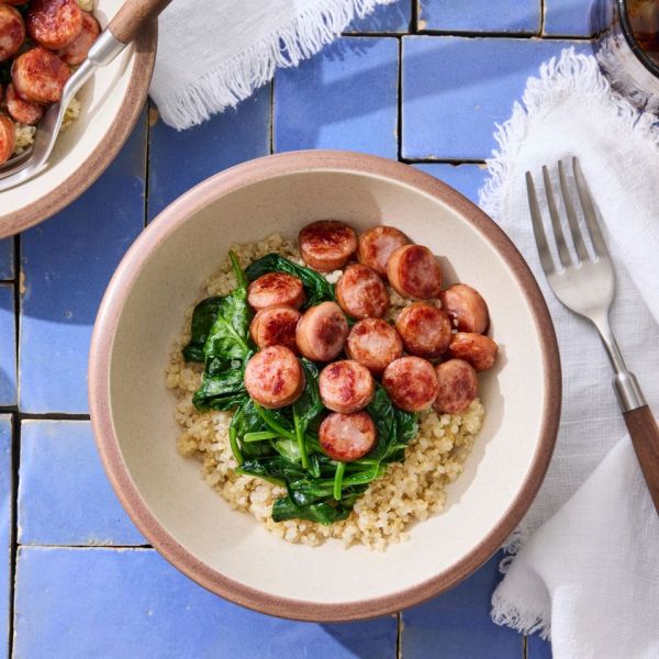 A recipe image os Breakfast Sausage Quinoa Bowl Credit: Photographer: Jason Donnelly, Food Stylist: Shannon Goforth, Food Stylist Assistant: Debra Cioccio, Prop Stylist: Breanna Ghazali.
