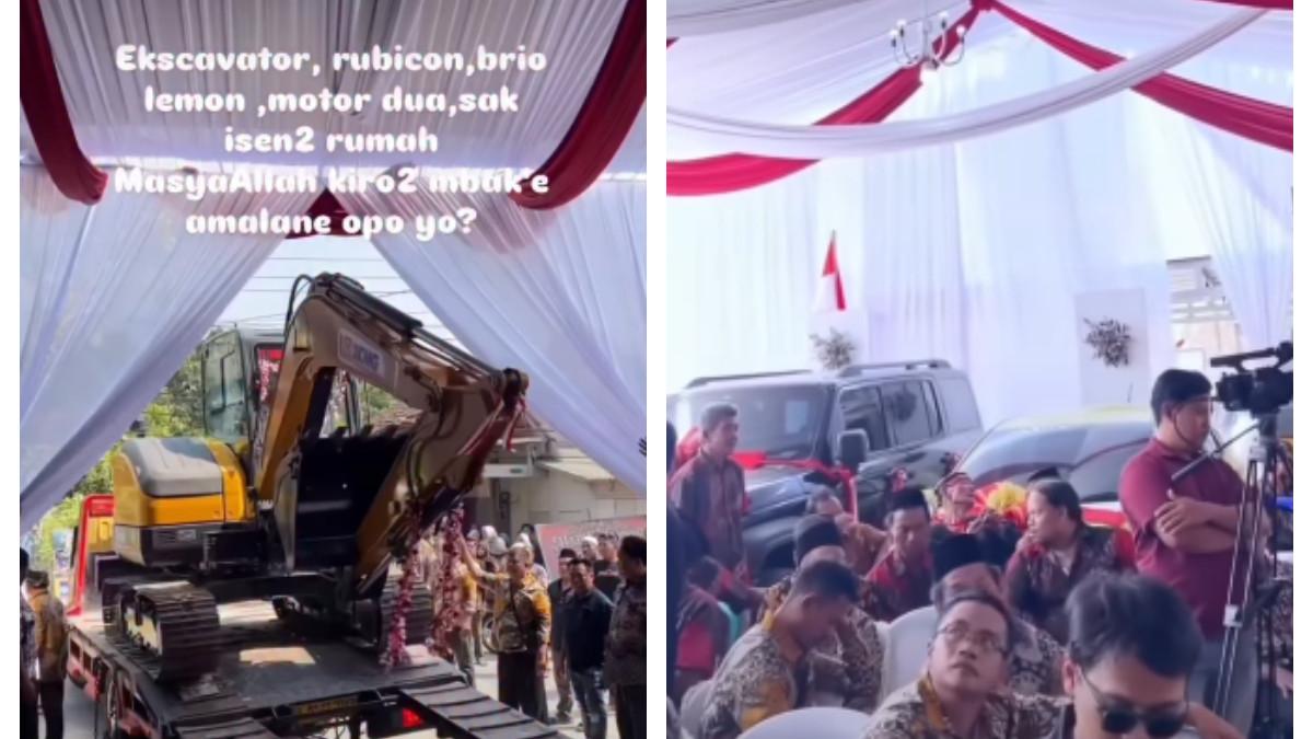 SESERAHAN DI GROBOGAN - Rombongan pria membawa langsung satu unit alat berat berupa ekskavator, mobil gagah GWM Tank 300, Honda Brio, hingga motor Vespa matik dan motor trail.