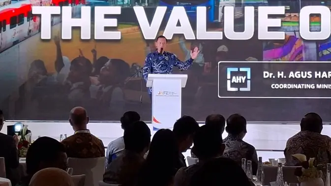 Menteri Koordinator Bidang Infrastruktur dan Pembangunan Kewilayahan Agus Harimurti Yudhoyono (AHY) saat menghadiri Jakarta Asset Forum and Expo (JAFEX) 2026 di St Regis Jakarta Selatan, Selasa (11/8/2026) (Liputan6.com/Winda Nelfira)