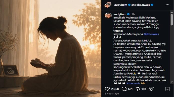 DUKA -- Pasangan selebritis Audy Item dan Iko Uwais diselimuti duka setelah calon buah hati ketiga mereka meninggal dunia dalam kandungan di usia 7 minggu. Melalui unggahan di media sosial, Audy menyampaikan rasa ikhlasnya sembari mengutarakan arti nama indah yang telah disiapkan, Muhammad Alghraff Putra Uwais.