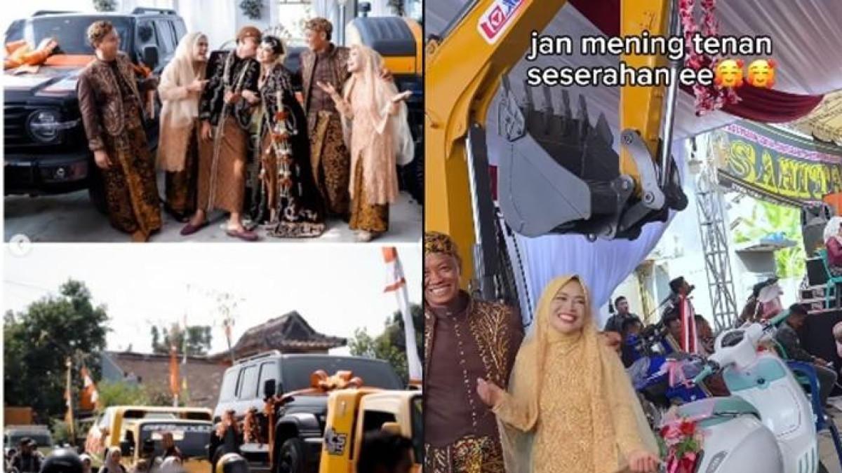 MAHAR FANTASTIS - Pengantin pria di Grobogan bernama Rico Putra Roberto Syah memberikan mahar bernilai tinggi mulai dari satu unit alat berat ekskavator (backhoe), mobil Jeep Wrangler Rubicon hitam, Honda Brio, sepeda motor Vespa matic, hingga motor trail Kawasaki KLX