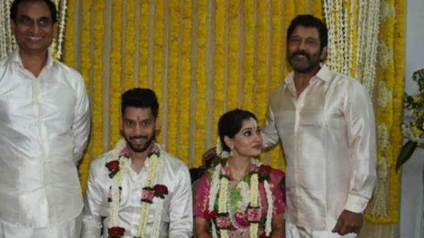 Vikram at his daughter's wedding along with Groom's Father CK Ranganathan