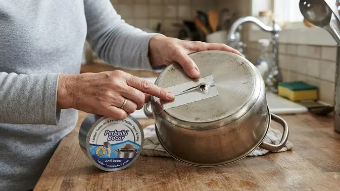 Menambal panci dengan lakban stainless (AI generated)