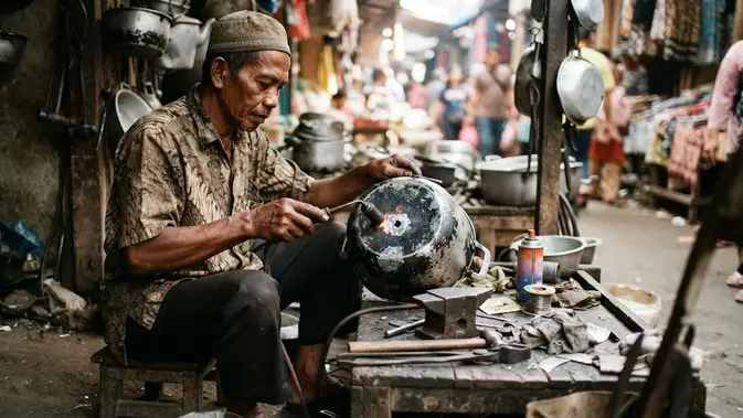 Menambal panci di tukang patri profesional (AI generated)