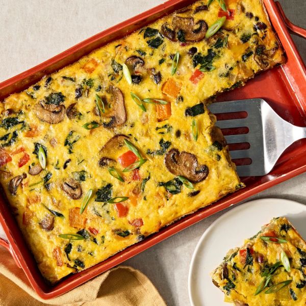 A recipe image of High-Protein Veggie Breakfast Casserole. Credit: Photographer: Jen Causey, Food Stylist: Chelsea Zimmer, Prop Stylist: Claire Spollen.