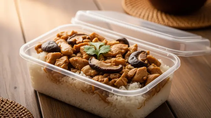 Menu Takjil Nasi Budget Rp10 Ribuan Per Porsi Nasi Tim Ayam Jamur/ AI