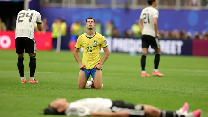 Gabriel Martinelli #22 dari Brasil bereaksi setelah kemenangan 2-1 selama pertandingan Babak 32 Besar Piala Dunia 2026 antara Brasil dan Jepang di Stadion Houston pada 30 Juni 2026 di Houston, Texas. (Alex Slitz/Getty Images via AFP)