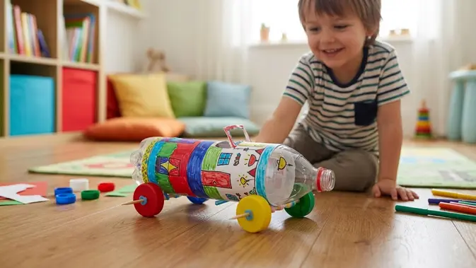Bikin Mobil-Mobilan dari Botol dan Tutup Botol Bekas. (AI Generated)