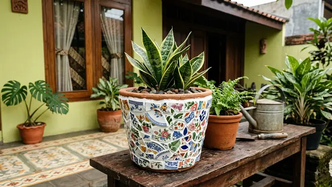 Cara Memanfaatkan Gelas dan Piring Pecah di Rumah Cara Memanfaatkan Gelas dan Piring Pecah di Rumah; Membuat Mozaik untuk Pot Tanaman. AI Generated