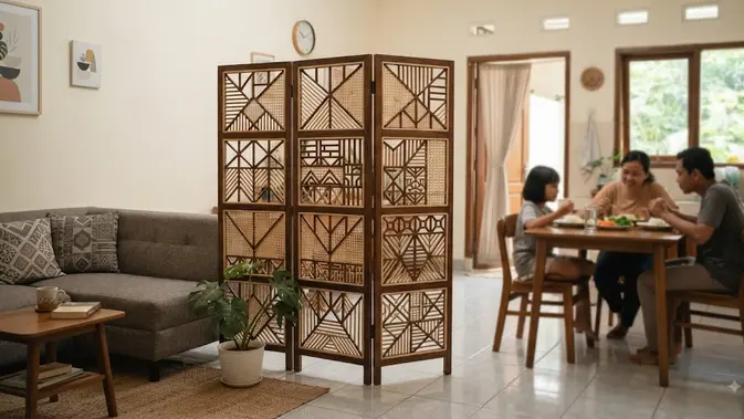 Ide pembatas ruangan untuk rumah kecil menggunakan sketsel berbagai motif unik model motif geometris untuk ruang tamu (AI generated)