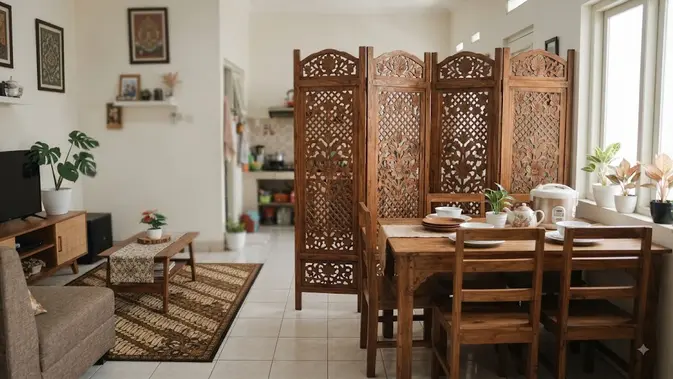 Ide pembatas ruangan untuk rumah kecil menggunakan sketsel berbagai motif unik model motif bunga untuk ruang makan (AI generated)