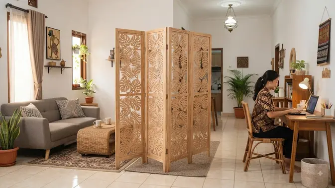 Ide pembatas ruangan untuk rumah kecil menggunakan sketsel berbagai motif unik model motif daun untuk memisahkan ruang santai (AI generated)
