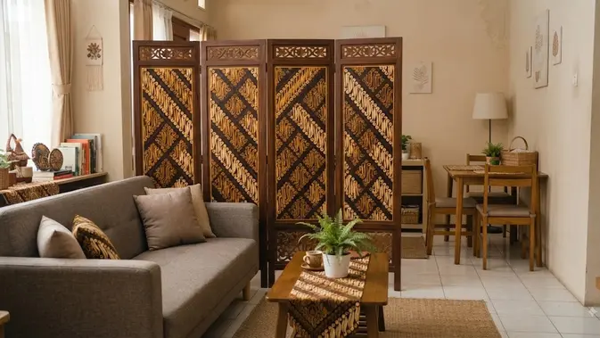 Ide pembatas ruangan untuk rumah kecil menggunakan sketsel berbagai motif unik model motif batik untuk pembatas ruang keluarga (AI generated)
