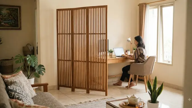 Ide pembatas ruangan untuk rumah kecil menggunakan sketsel berbagai motif unik model kisi-kisi untuk ruang kerja (AI generated)