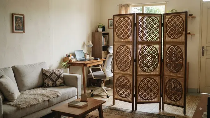 Ide pembatas ruangan untuk rumah kecil menggunakan sketsel berbagai motif unik model motif lingkaran untuk di ruang kerja (AI generated)