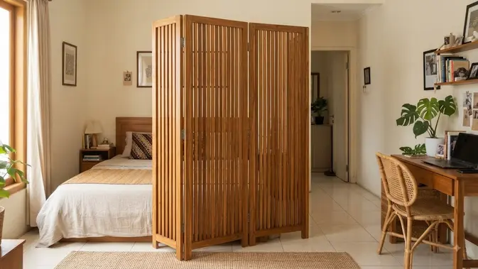 Ide pembatas ruangan untuk rumah kecil menggunakan sketsel berbagai motif unik model kayu garis vertikal untuk ruang kamar (AI generated)
