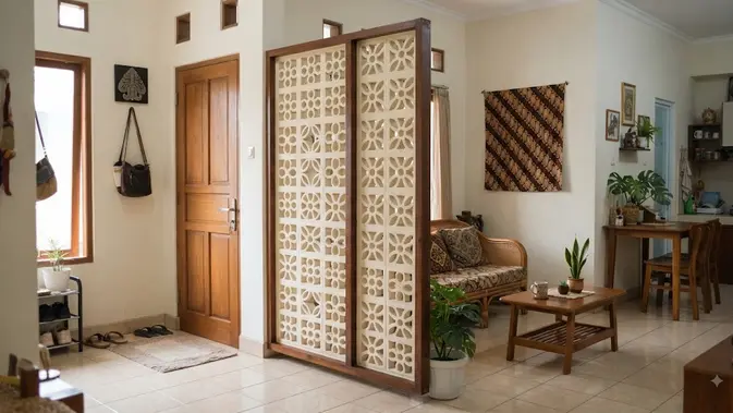 Ide pembatas ruangan untuk rumah kecil menggunakan sketsel berbagai motif unik model roster untuk membagi ruang tengah (AI generated)