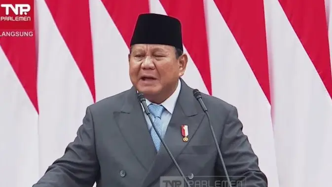 Presiden Prabowo Subianto dalam pidato kenegaraan dalam rangka penyampaian pengantar/keterangan atas RUU tentang APBN tahun Anggaran 2026 beserta nota keuangan dan dokumen pendukungnya di gedung DPR/MPR, Jakarta. (Tangkapan layar Youtube DPR).