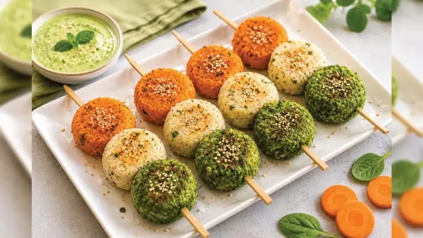 Vibrant tricolor vegetable cutlet skewers served on white platter with mint chutney dip for Independence Day snack.