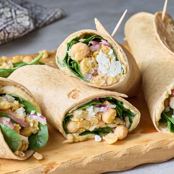 Recipe image of Mediterranean Diet Chickpea Hummus Wraps Credit: Photographer: Carson Downing, Food Stylist: Annie Probst, Prop Stylist: Megan Miller.