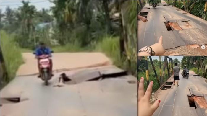 JEMBATAN AIR HITAM - Kondisi Jembatan Air Hitam, Desa Kebon IX, Kabupaten Muaro Jambi, rusak. Pengendara yang melintas harus ekstra hati-hati agar tidak terjatuh.
