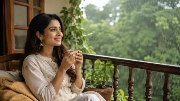 Woman enjoying a cup of tea mindfully at home