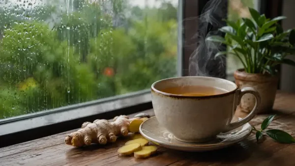 Healthy herbal tea with ginger tulsi mint and spices