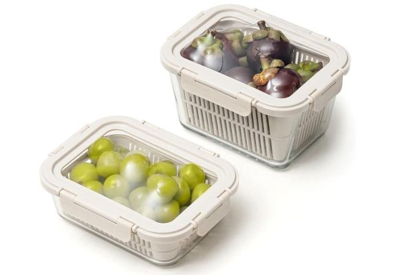 GENICOOK Glass Produce Storage Containers for Fridge, 2-Pack – Airtight Fruit & Vegetable Containers with Removable Credit: Amazon