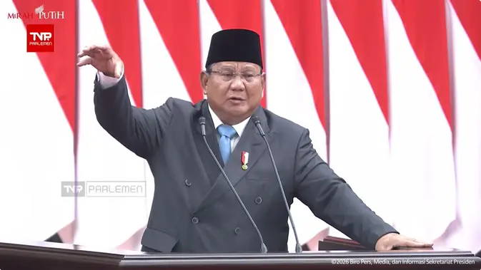 Presiden Prabowo Subianto dalam pidato perdana pada Rapat Paripurna DPR ke-19 Masa Persidangan V Tahun Sidang 2025-2026 di Gedung Nusantara MPR/DPR/DPD, Jakarta, Rabu (20/5/2026). (Tangkapan Layar YouTube Sekretariat Presiden)