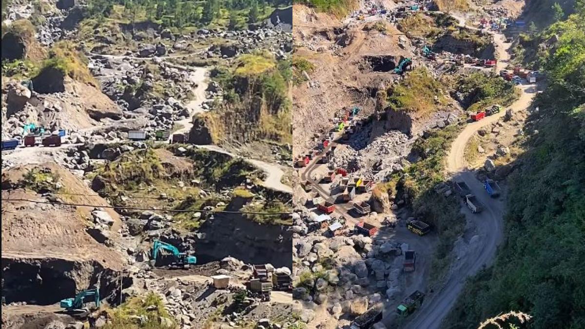 MERAPI KLATEN - Deretan truk tampak mengantre di jalur berbatu kawasan kaki Gunung Merapi. Aktivitas pengangkutan material terlihat berlangsung di tengah medan yang terjal.