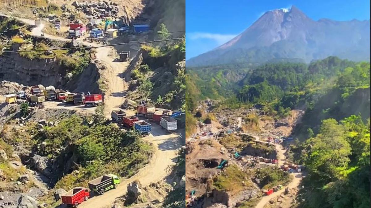 MERAPI KLATEN - Puluhan truk dan alat berat memenuhi area pertambangan batu di kaki Gunung Merapi. Jalur sempit dan tebing batu menjadi saksi padatnya aktivitas di lokasi.