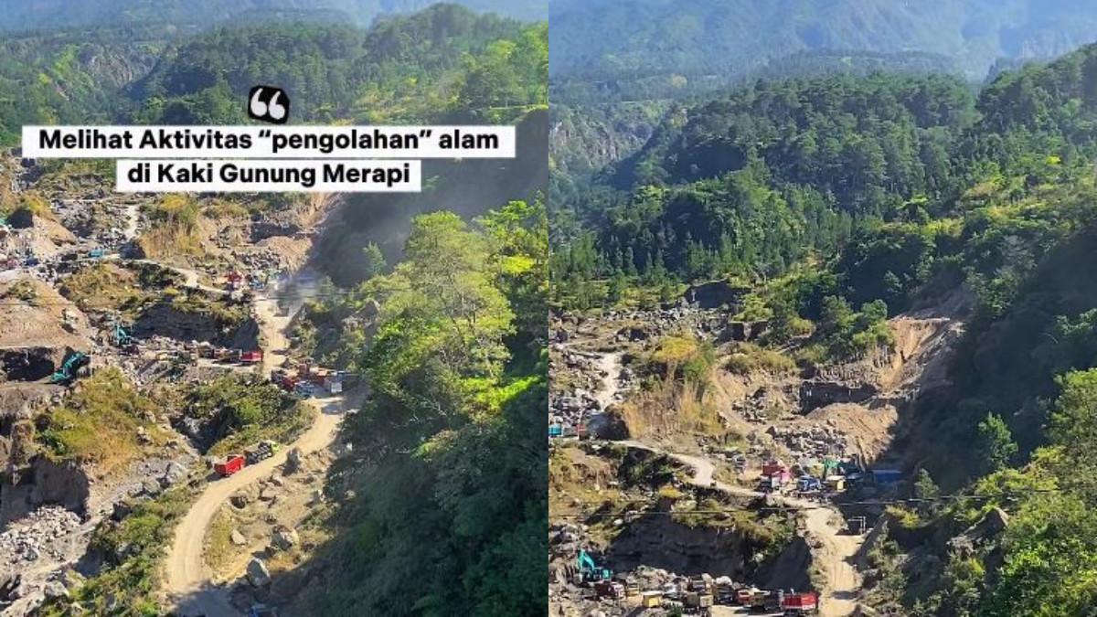 MERAPI KLATEN - Pemandangan Gunung Merapi tampak gagah dari kejauhan. Di bawahnya, terlihat aktivitas kendaraan dan alat berat yang hilir-mudik di kawasan kaki gunung.