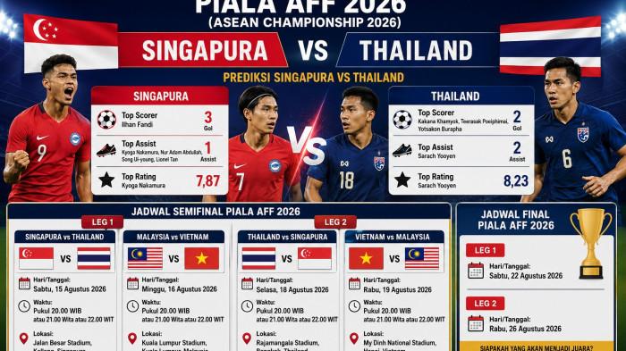 SINGAPURA VS THAILAND -- Prediksi Skor Singapura Vs Thailand, Statistik, H2H, Jadwal dan Pemain Kunci di Leg 1 Piala AFF 2026.