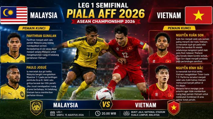 MALAYSIA VS VIETNAM -- Prediksi Skor Malaysia Vs Vietnam, H2H, Jadwal, Line Up dan Pemain Kunci di Leg 1 Piala AFF 2026.