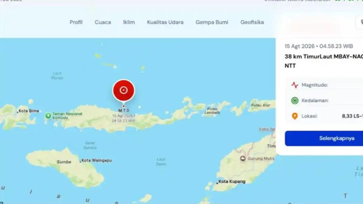 GAMBAR PETA GEMPA - Peringatan Dini Tsunami untuk wilayah: NTT, Gempa Mag:7.0, 15-Agu-26 04:58:23 WIB, Lok:8.33 LS, 121.32 BT (38 km TimurLaut MBAY-NAGEKEO-NTT) , Kedlmn:10 Km