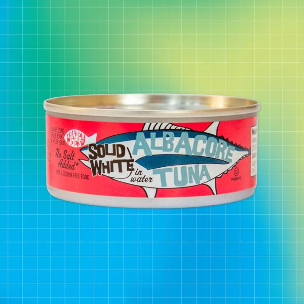 Canned albacore solid white tuna from Trader Joes on a gradient background Credit: Trader Joe's. Getty Images. EatingWell design.