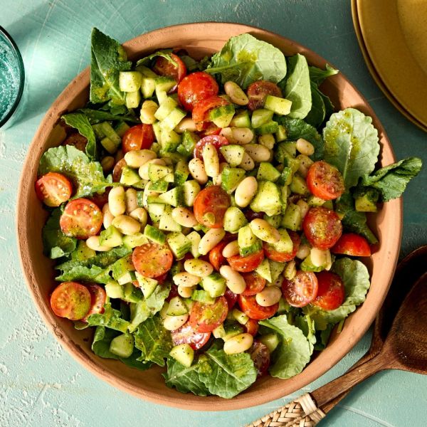 A recipe image of Tomato, Cucumber & White Bean Salad with Chive Vinaigrette. Credit: Photographer: Jen Causey.