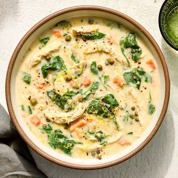 Recipe image of Chicken Piccata Soup. Credit: Photographer: Robby Lozano, Food Stylist: Margaret Monroe Dickey, Prop Stylist: Josh Hoggle.