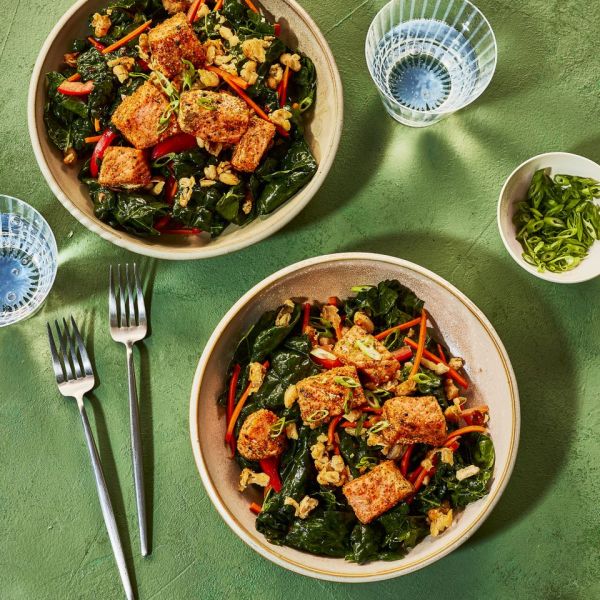 an image of the Anti-Inflammatory Salad with Roasted Salmon & Crispy White Beans Credit: Heami Lee, Food Stylist: Emily Nabors Hall, Prop Stylist: Christine Keeley