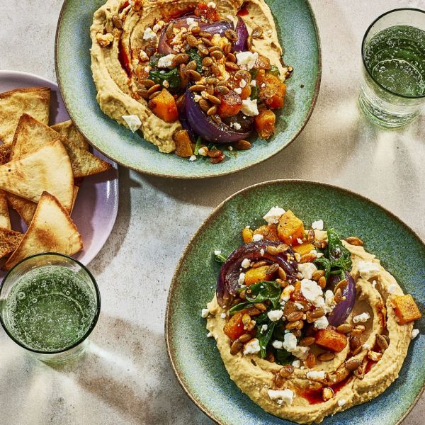 an image of the Roasted Butternut Squash Hummus Bowls Credit: Heami Lee, Food Stylist: Emily Nabors Hall, Prop Stylist: Christine Keeley