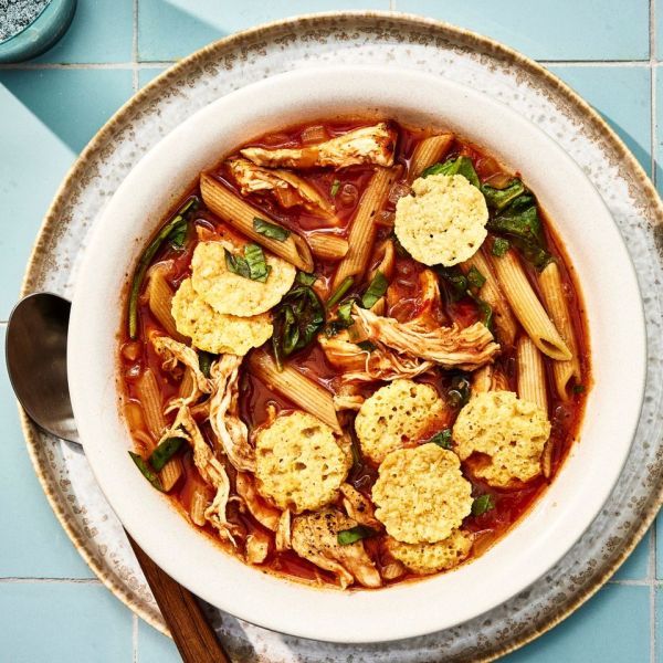 a recipe photo of the Chicken Parm Soup Credit: Photographer: Morgan Hunt Glaze, Prop Stylist: Hannah Greenwood, Food Stylist: Sally McKay