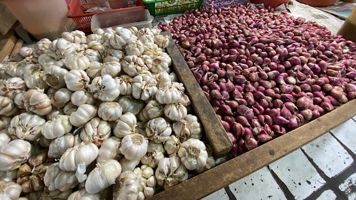 PENGUPAS BAWANG - Bawang putih dan merah di Pasar Tradisional Modern (PTM), Kota Bengkulu, Sabtu (15/8/2026). Pengupas bawang di Bengkulu Nurlaili menyebut upahnya hanya Rp1.500 per kg, jauh dari angka Rp700 ribu yang disebut Prabowo.