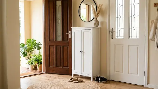 Ide Rak Sepatu Tertutup di Dekat Pintu Masuk (AI Generated)