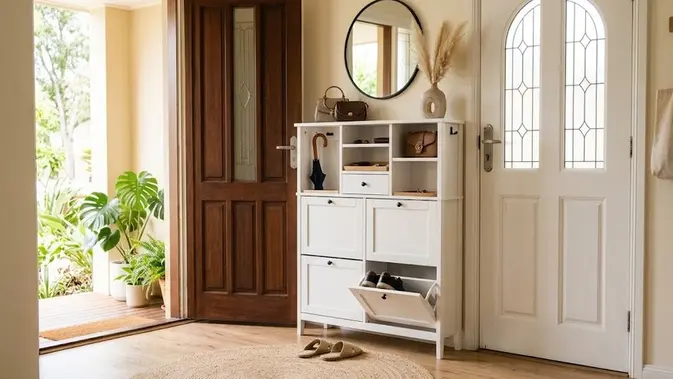 Ide Rak Sepatu Tertutup di Dekat Pintu Masuk (AI Generated)