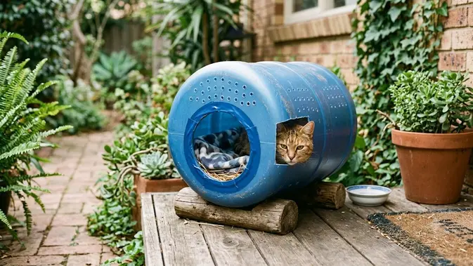 Ide DIY Rumah Kucing Outdoor dari Galon Bekas (Foto: AI Generated)