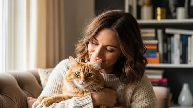 Pemilik Kucing Bermain dengan Peliharaannya. (Gemini AI)