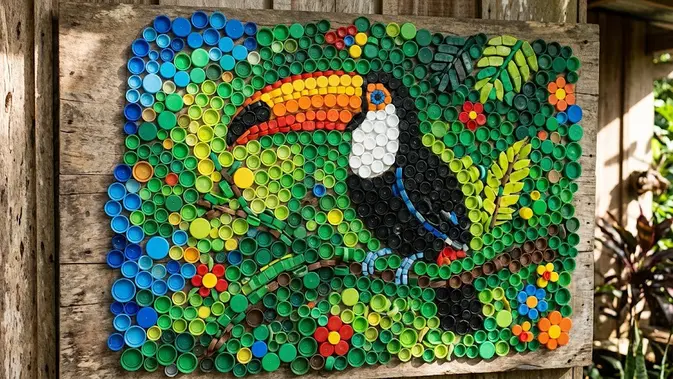 Mozaik dari Tutup Botol Plastik. [AI Generated]